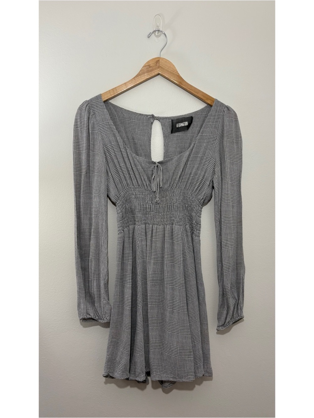 Reformation “Wilder” grey/white tartan square-neck mini dress (size 8) - Picture 2 of 7
